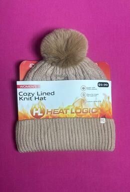 Heat Logic Women’s Thermal Knit Hat Beige Double Layer Rib Knit Warm Beanie
